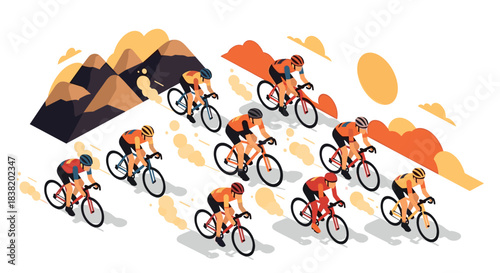 Dynamic cycling group against mountainous backdrop in flat design style