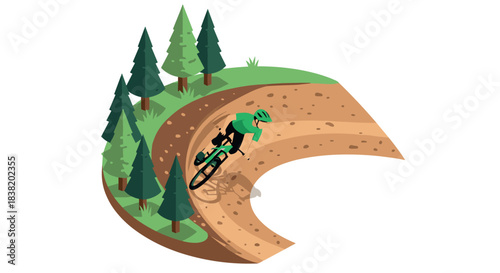 Mountain biker navigates forest trail in dynamic isometric style
