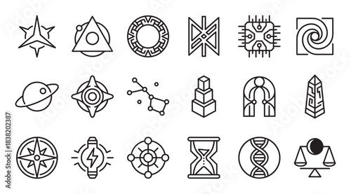 Collection of black line art icons representing science fiction, fantasy, and abstract concepts like technology, space, magic, time, and justice in a clean, minimalist style