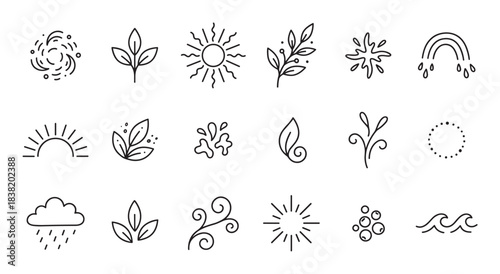 Set of eighteen black outline nature symbols including weather elements like sun, rain, and wind, and botanical illustrations of leaves and branches in a simple doodle style