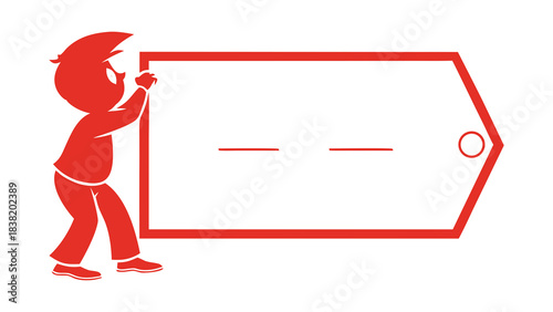 Red graphic of a cheerful boy presenting a large blank price tag template, ideal for retail sales, promotions, and discount offers on a clean white background