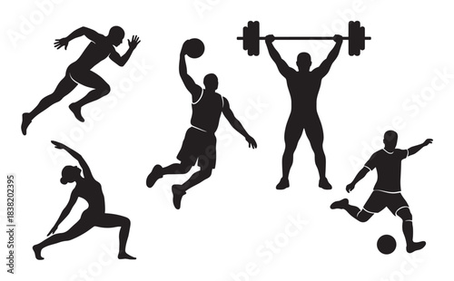 Collection of black sport silhouettes showing athletes running, playing basketball, weightlifting, doing yoga, and kicking a soccer ball in dynamic action poses