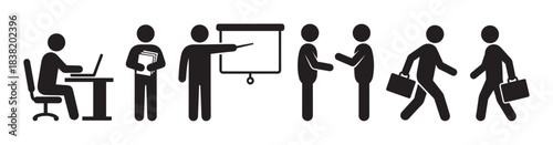 Set of black business people icons showing various office activities like working on a laptop, presenting, meeting, and walking with a briefcase in a minimalist pictogram style