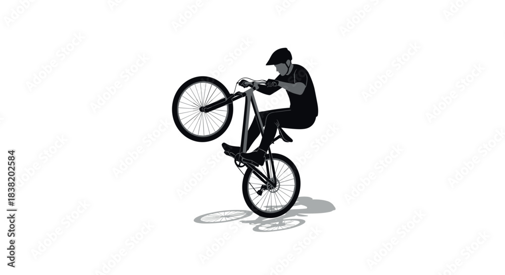 Fototapeta premium Cyclist performing wheelie in minimalist silhouette art