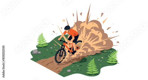 Mountain biker racing through explosive dust cloud on trail adventure