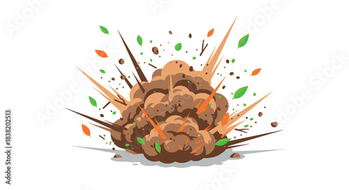 Cartoon explosion with flying debris and leaves in dynamic motion