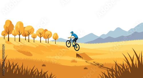 Mountain biker jumps in vibrant autumn landscape with rolling hills and trees
