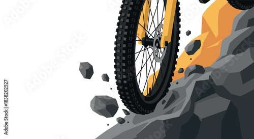 Mountain bike in motion on rocky terrain with dynamic low poly design