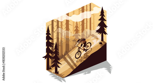 Isometric forest adventure: cyclist navigating mountain trails among pines in autumn