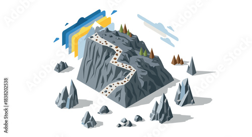 Isometric mountain path and peak with abstract geometric shapes and trees