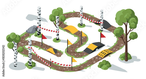 Isometric outdoor biking track with trees and obstacles for racing