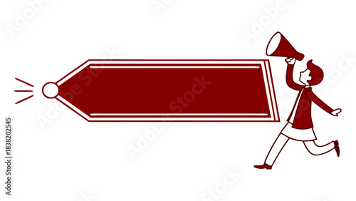 Energetic illustration of a dynamic character with a megaphone announcing a special message on a bold red promotional banner, ideal for marketing campaigns, new offers, or important business updates