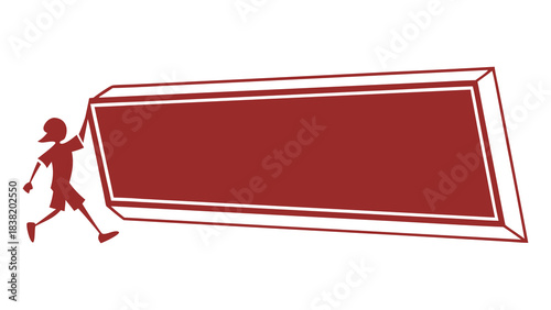 Rectangular red banner with white border being pulled by a running silhouette of a person on a white background