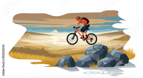 Mountain biker on rugged trail at sunset in dynamic landscape