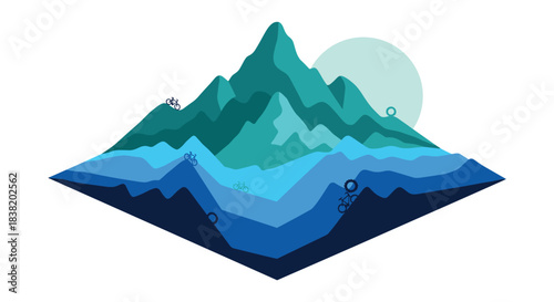 Geometric mountain landscape with cyclists under a full moon in blue tones