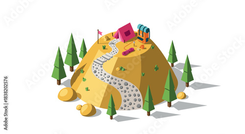Isometric camping scene with tent and camper on mountain top