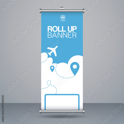 Professional vertical rollup banner design template featuring a travel theme with airplane and location icons