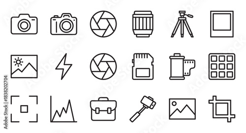Black line icon set for photography and videography featuring camera, lens, aperture, and tripod symbols in a minimalist vector collection representing various photo equipment