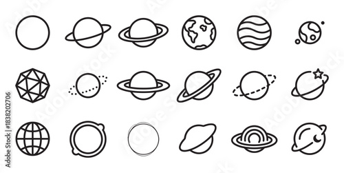 Collection of black line art planet icons in a minimalist style, featuring various celestial bodies, solar system objects, and abstract cosmic symbols for astronomy and science