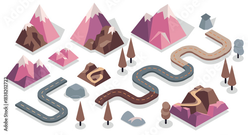 Isometric pink mountain landscapes with roads and trees