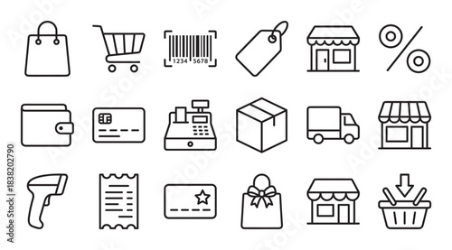 Set of black line art icons for shopping and e-commerce, including a cart, store, credit card, delivery truck, and barcode, representing retail business and online purchasing