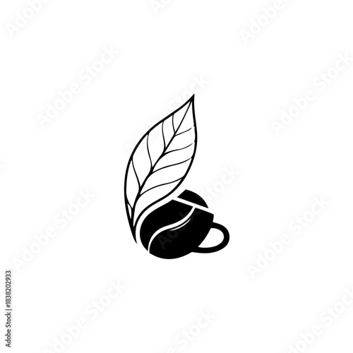 Stylized black and white illustration of a coffee bean integrated with a leaf and cup icon, representing natural beverages. isolated on transparent background
