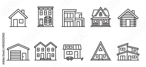 Set of various house and building icons showing different residential architecture styles, including modern, suburban, cabin, and tiny homes, in a clean line art illustration