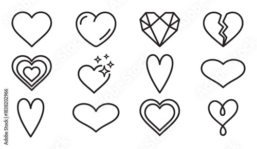 Collection of black line art heart icons in various hand-drawn and minimalist styles, including classic, broken, diamond, and sparkling shapes for expressing love and romance