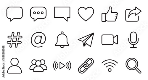 Set of social media line icons for digital communication and user interface design, featuring symbols for chat, like, share, notification, user profile, and live streaming