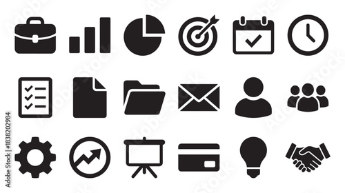 Black glyph icon collection for business and finance, featuring minimalist symbols for presentation, marketing, and office work like a chart, target, calendar, and handshake