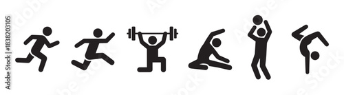 Set of black sport pictograms showing athletes running, jumping, weightlifting, stretching, playing basketball, and doing gymnastics in a simple minimalist vector icon collection