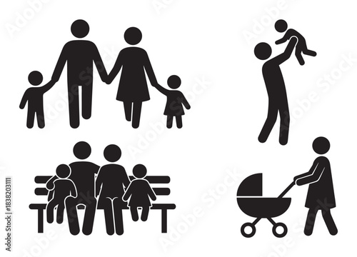 Set of black family stick figure icons showing parents with children walking, sitting on a bench, playing with a baby, and pushing a stroller in a simple graphic illustration