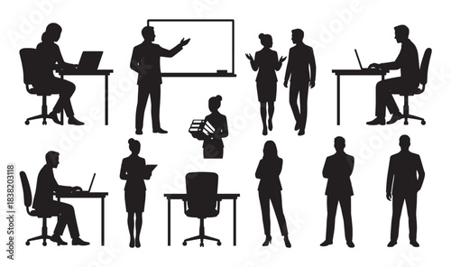 Collection of black business people silhouettes in various office poses, including working at a desk, presenting at a whiteboard, and standing in professional attire