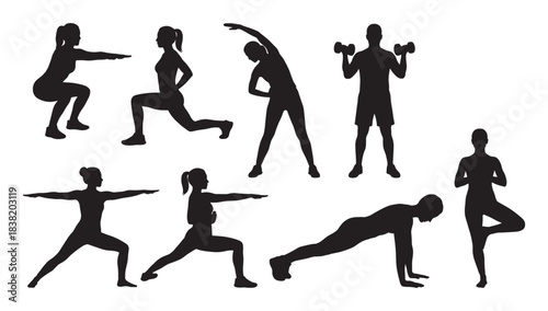 Set of black silhouettes of people exercising, showing men and women performing various fitness workouts and yoga poses like squats, lunges, stretching, and lifting dumbbells