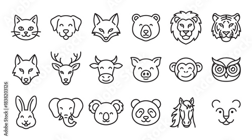 Collection of eighteen animal face line icons showing cute and simple portraits of various wildlife, pets, and farm animals in a minimalist black and white graphic design