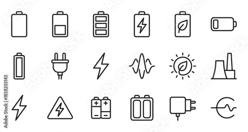 Set of black line icons representing energy, power, and electricity, featuring various battery levels, charging symbols, plugs, and renewable sources in a clean, minimalist style