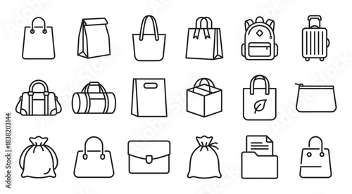 Collection of black line art icons depicting various bags, luggage, and containers for shopping, travel, and storage, designed in a clean, simple, and minimalist vector style
