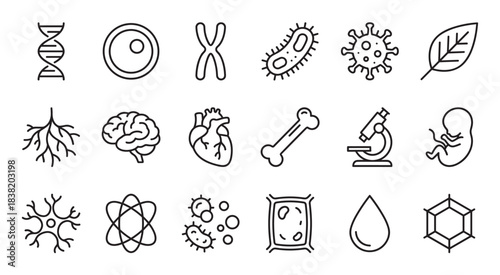 Collection of black line art icons representing biology, science, and anatomy, including DNA, cells, organs, viruses, and atoms, presented in a clean minimalist graphic style