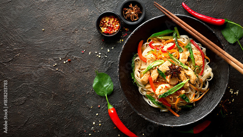 asian food cooking wok with noodles chicken