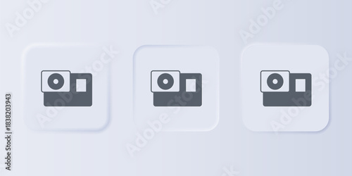 Grey Action extreme camera icon isolated on grey background. Video camera equipment for filming extreme sports. Set icons in square buttons. Vector