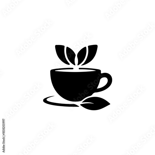 Steaming cup of coffee or tea with leaves symbolizing freshness and natural ingredients, simple icon isolated on transparent background
