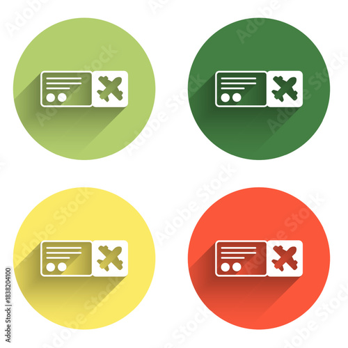 Set Airline ticket icon isolated with long shadow background. Plane ticket. Color circle button. Vector