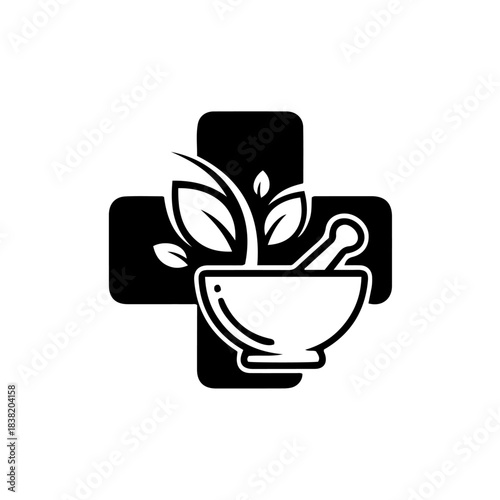 Mortar and pestle with green plant sprout inside medical cross symbol, representing herbal medicine and natural remedies. isolated on transparent background