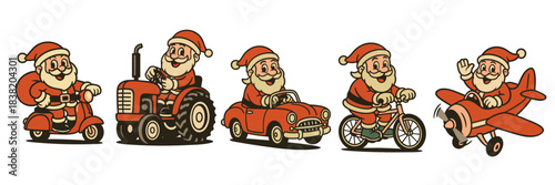 Santa mascot set featuring festive characters riding vehicles for Christmas design and decoration