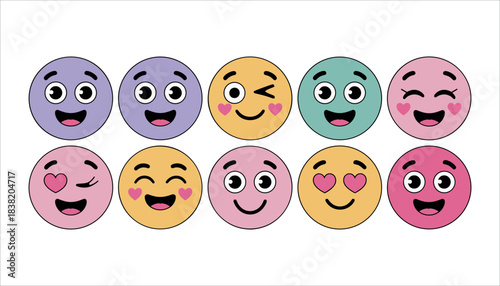 Ten colorful cartoon emoji faces with various expressions like joy love and winking emoticon happy