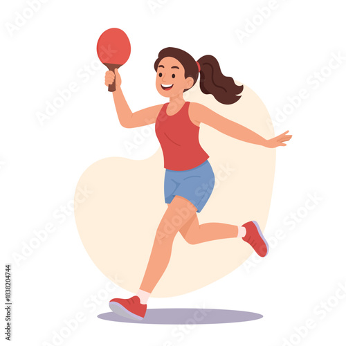 Woman running with table tennis paddle shows energetic sport moment, promoting active lifestyle, joyful movement, fitness motivation, coordination skills, and playful recreational vibe.