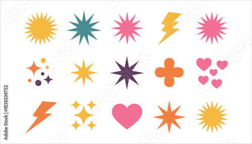 Collection of graphic icons including stars lightning bolts hearts and sparkles in vibrant colors starburst icon