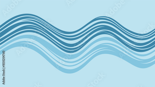 Abstract blue wavy lines creating a flowing pattern on a light blue background, resembling water or sound waves.