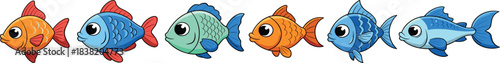 Cute colorful cartoon fish character set swimming in a row for kids illustration, ocean learning and aquarium design