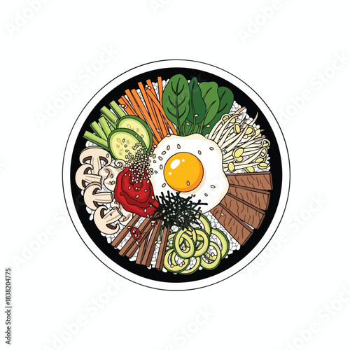 Delicious Asian Style Bibimbap Dish with Fresh Vegetables and Egg